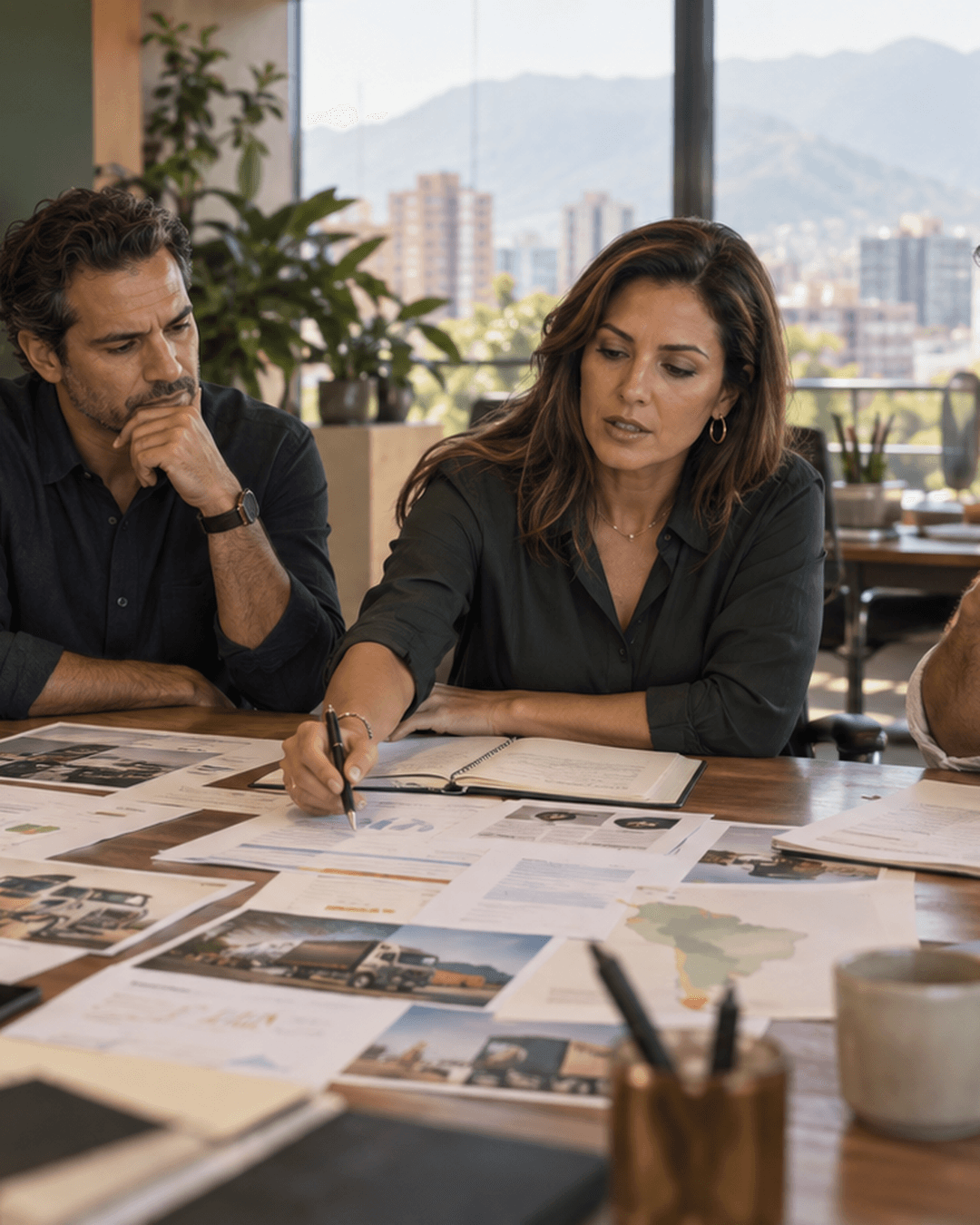 Líder senior revisando rentabilidad y señales operativas con su equipo en una mesa de trabajo