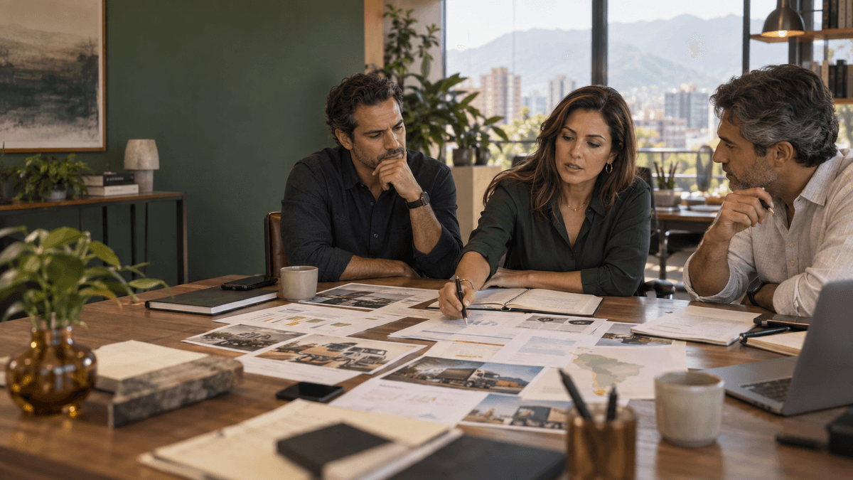 Líder senior revisando rentabilidad y señales operativas con su equipo en una mesa de trabajo