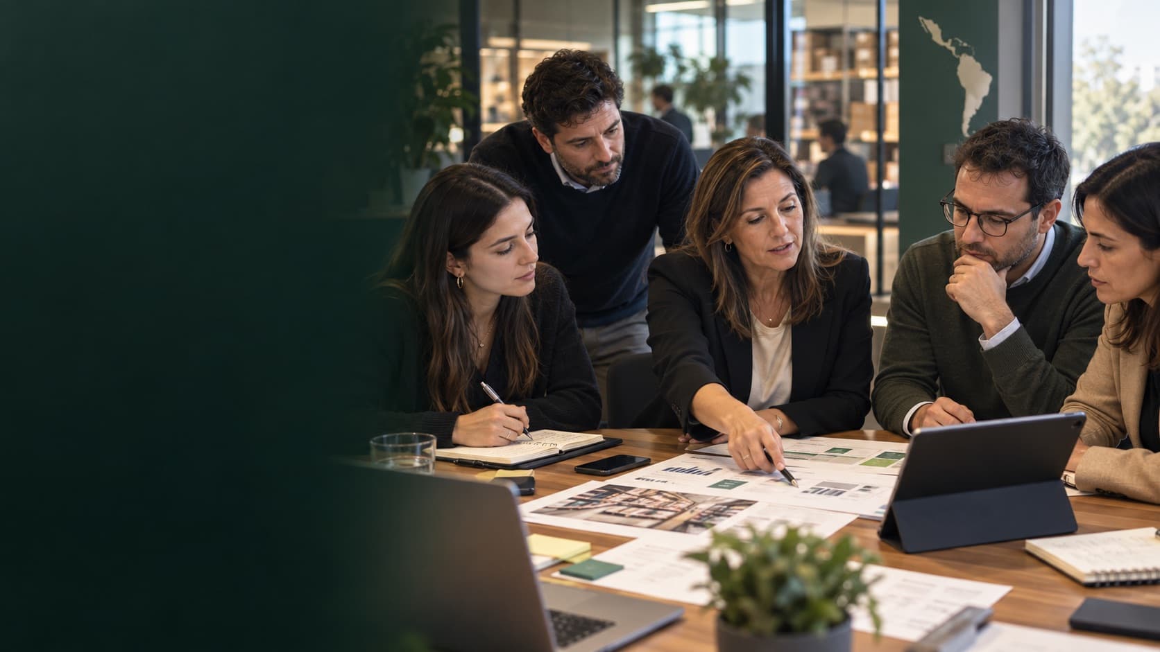 Equipo ejecutivo CPG revisando evidencia comercial para decidir qué capability instalar primero